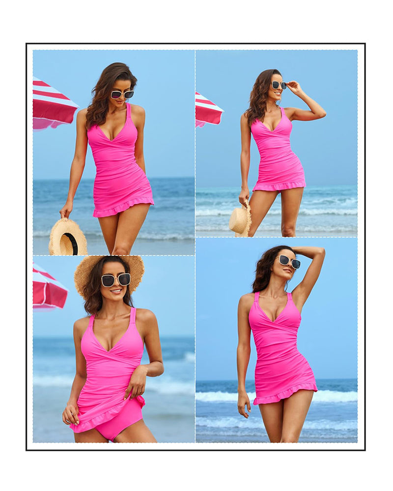 🌷Urlaubsangebot 50% Rabatt 👙Badeanzug mit tiefem V und gerafftem Rücken