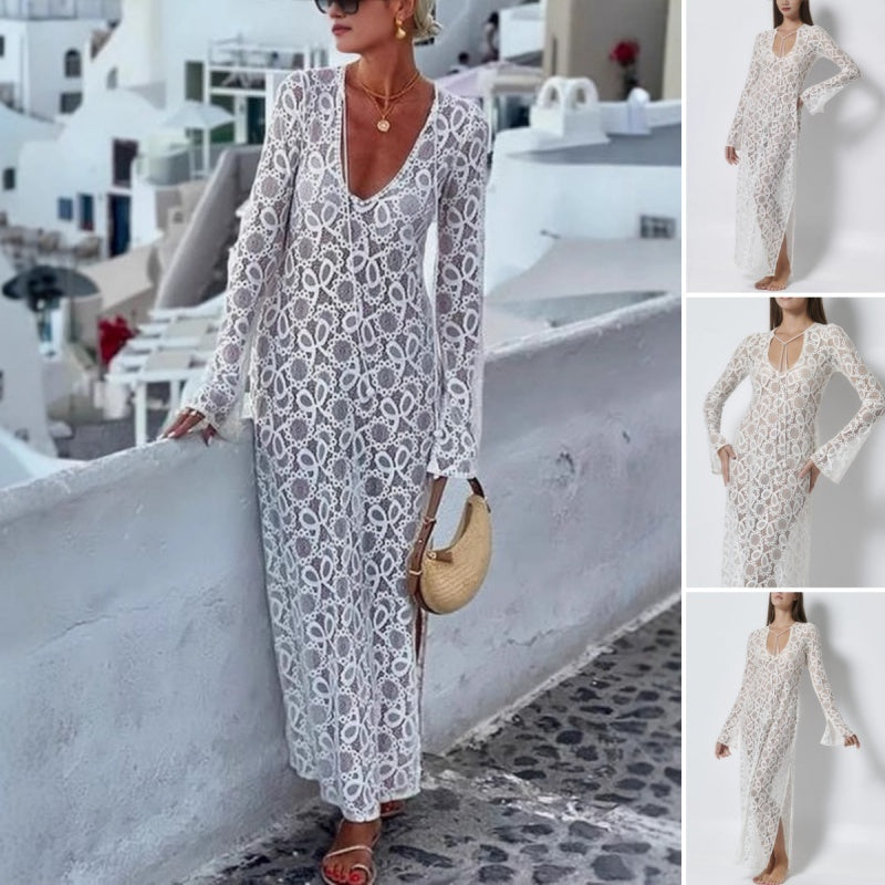 Elegantes Midikleid mit U-Ausschnitt und durchsichtiger Spitze