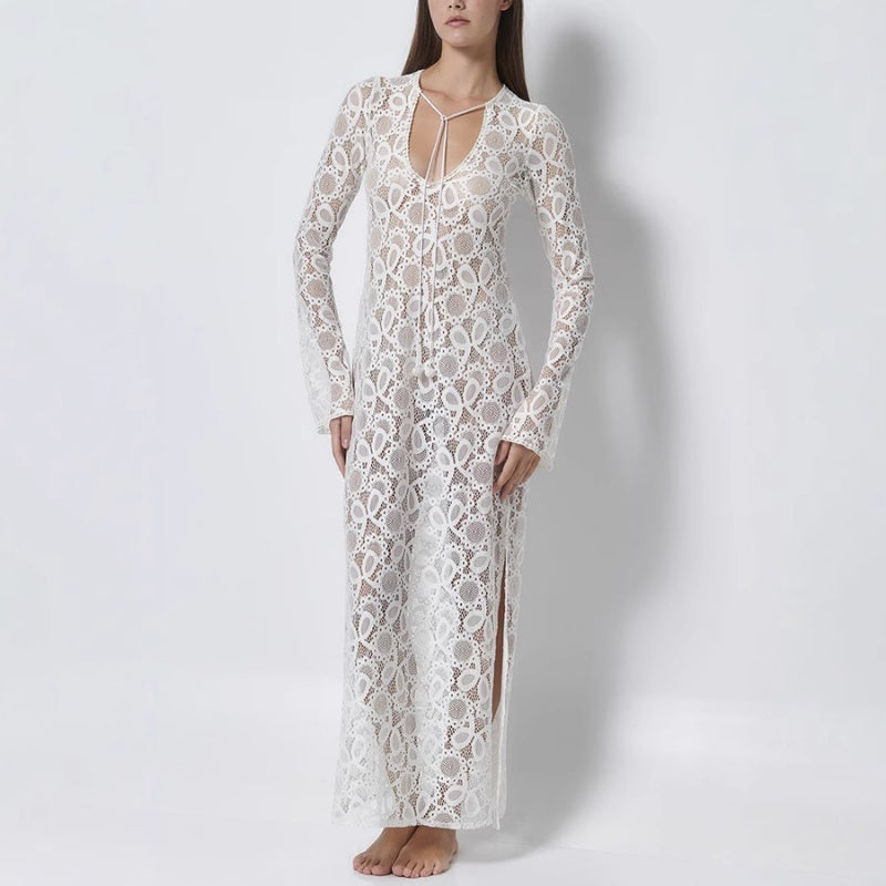 Elegantes Midikleid mit U-Ausschnitt und durchsichtiger Spitze