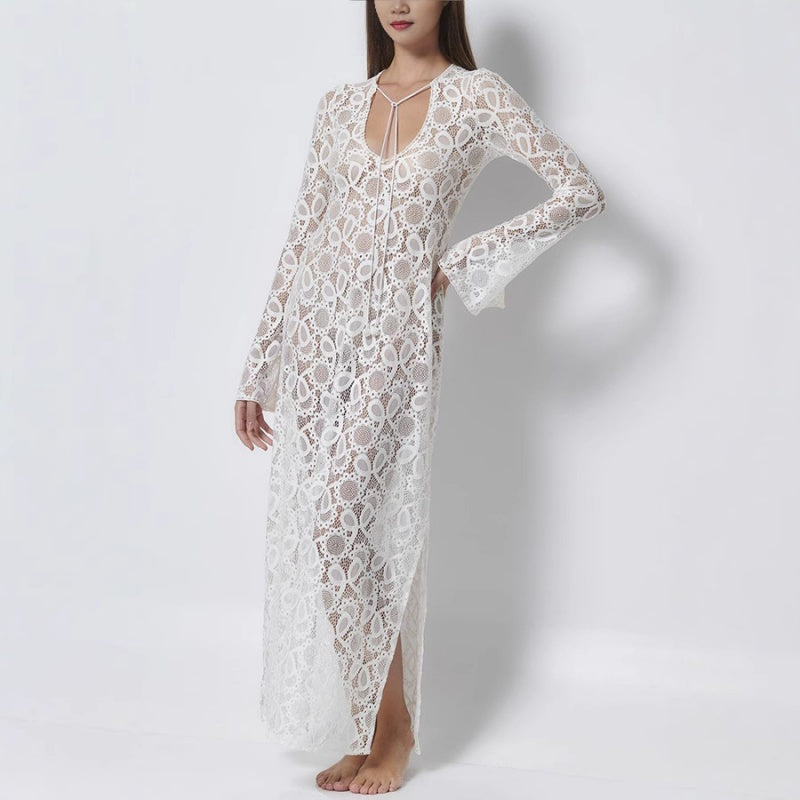 Elegantes Midikleid mit U-Ausschnitt und durchsichtiger Spitze