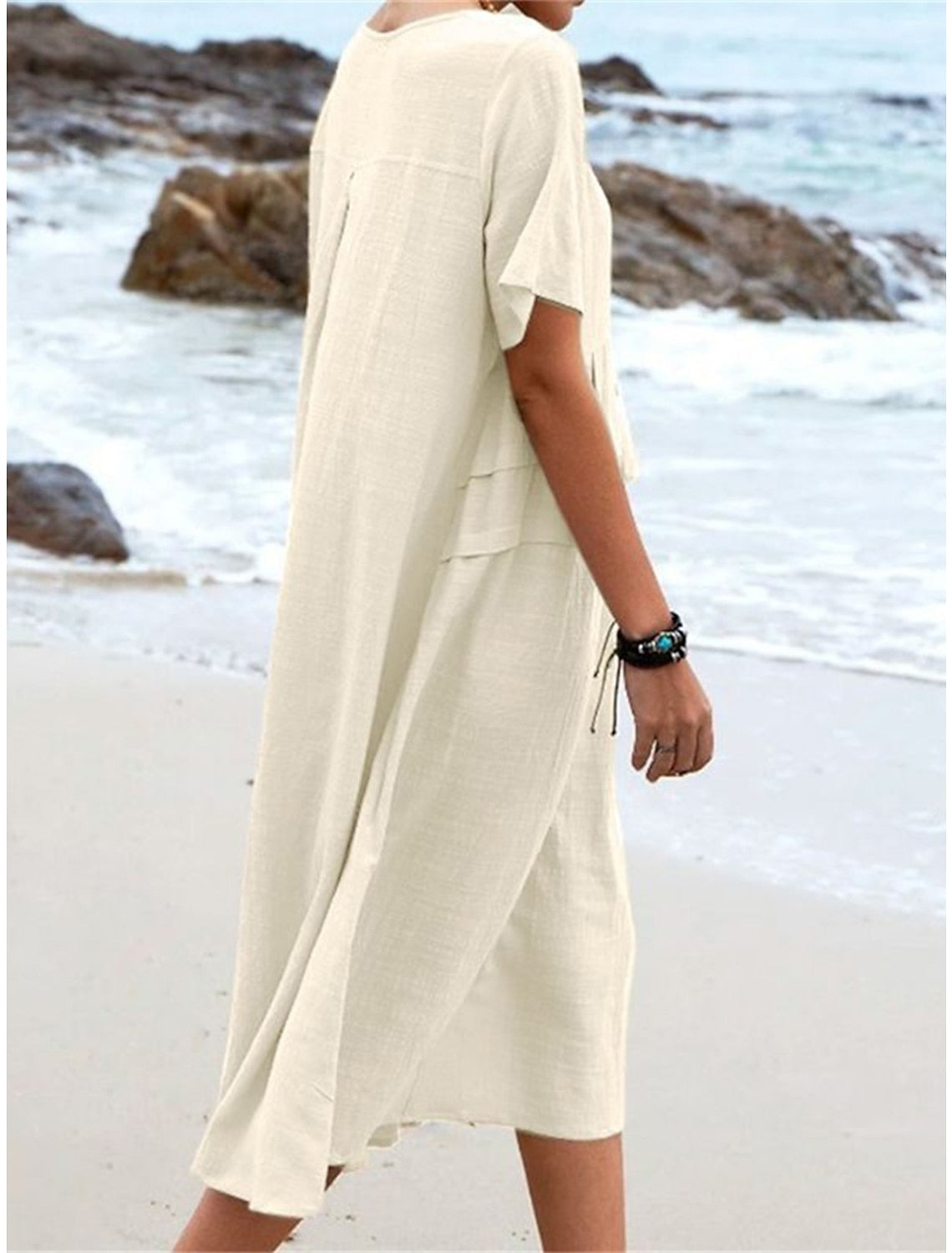 💃Damen Rundhalsausschnitt Baumwolle Leinen Midikleid