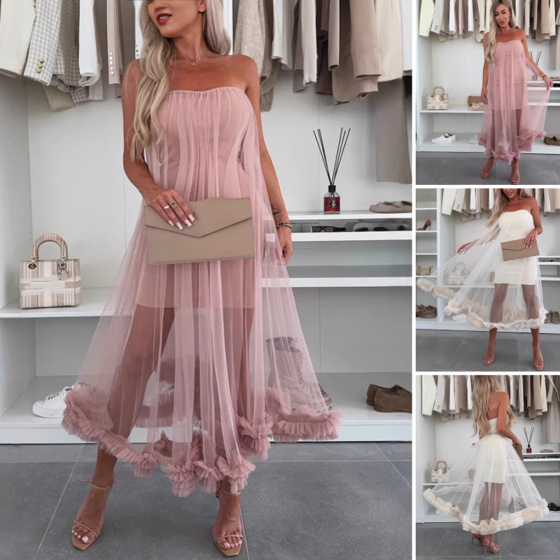 Trägerloses Damen-Kleid mit Tüll-Schicht und Rüschenbesatz