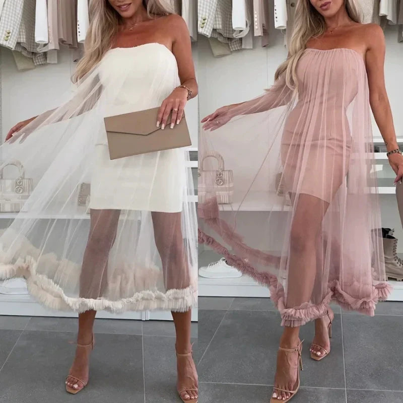 Trägerloses Damen-Kleid mit Tüll-Schicht und Rüschenbesatz