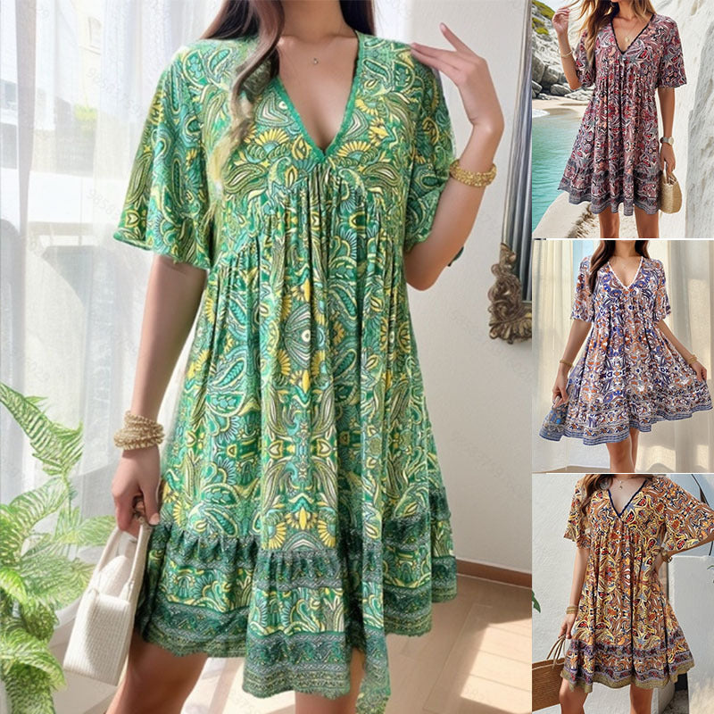 🔥Schneller Abverkauf – 50 % Rabatt👗Minikleid mit Blumenmuster und V-Ausschnitt und kurzen Ärmeln für Damen