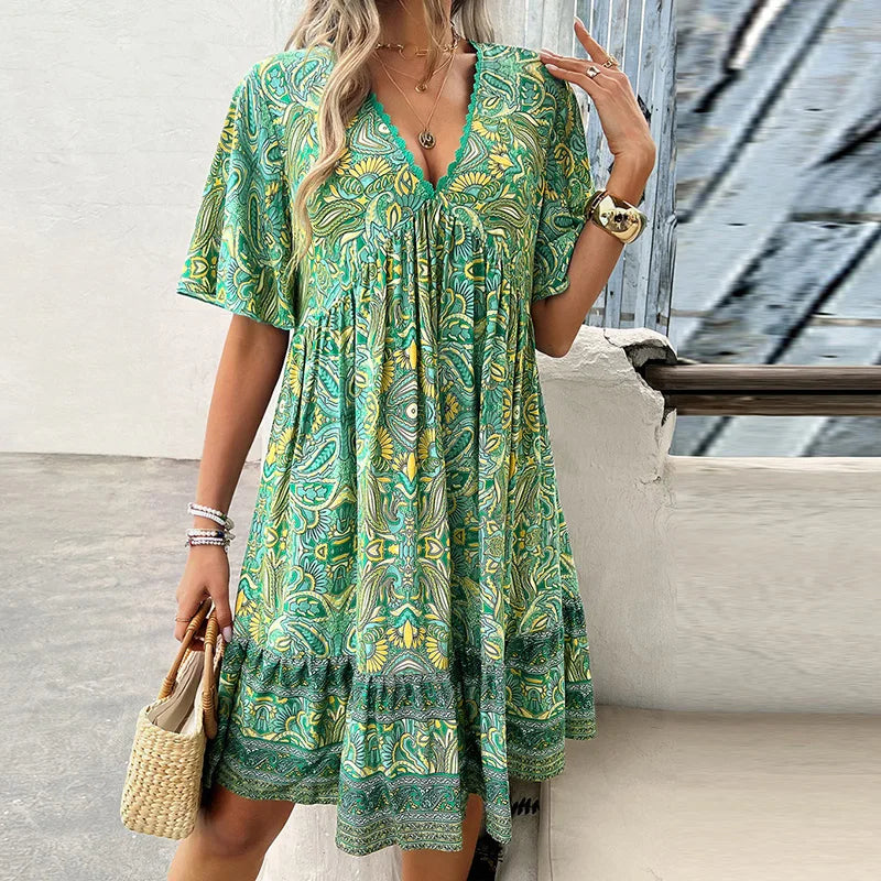 🔥Schneller Abverkauf – 50 % Rabatt👗Minikleid mit Blumenmuster und V-Ausschnitt und kurzen Ärmeln für Damen