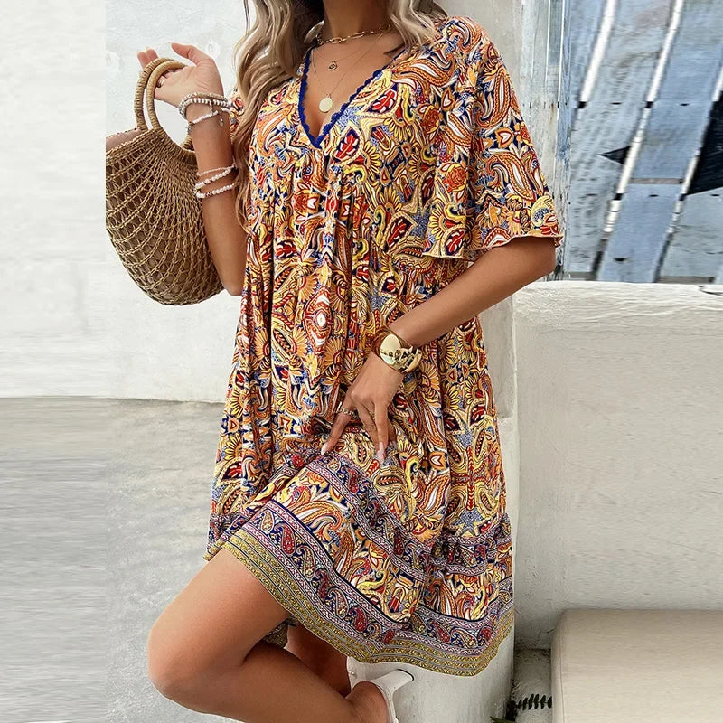 🔥Schneller Abverkauf – 50 % Rabatt👗Minikleid mit Blumenmuster und V-Ausschnitt und kurzen Ärmeln für Damen