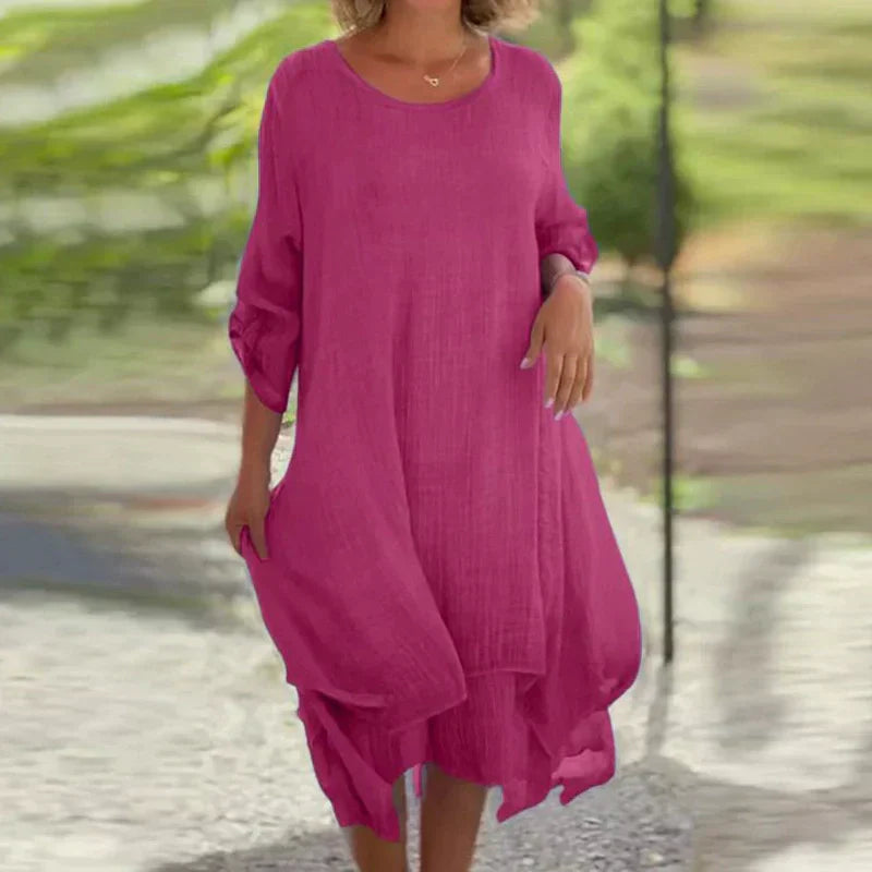 💕Elegantes, einfarbiges, lockeres Damenkleid mit Rundhalsausschnitt