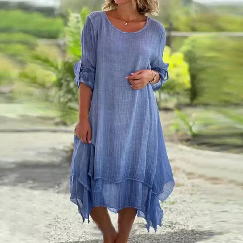 💕Elegantes, einfarbiges, lockeres Damenkleid mit Rundhalsausschnitt