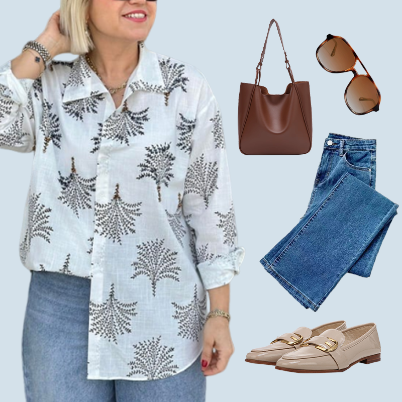 🍁Lässiges Damenhemd mit botanischem Aufdruck✨