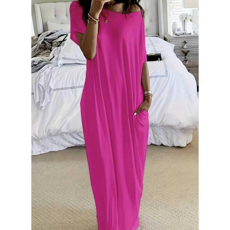Langes Sommerkleid für Damen – Lässig, Locker, Einfarbig, Kurzärmelig