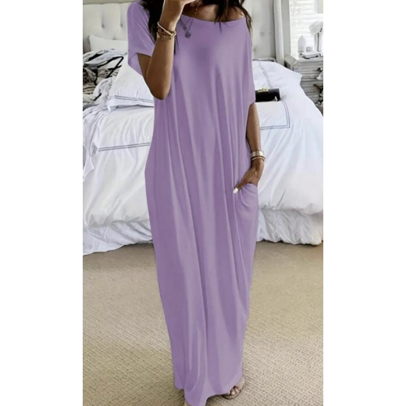 Langes Sommerkleid für Damen – Lässig, Locker, Einfarbig, Kurzärmelig