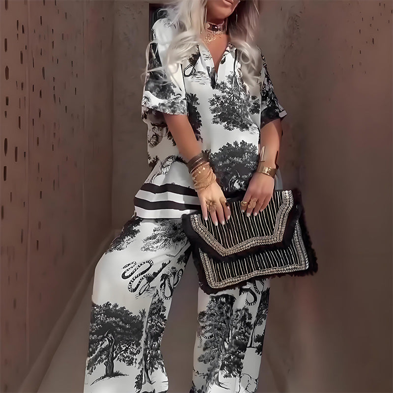 šLetzter Tag: 50% RabattāØDamen-Set mit Print: Top mit V-Ausschnitt & lange Hose
