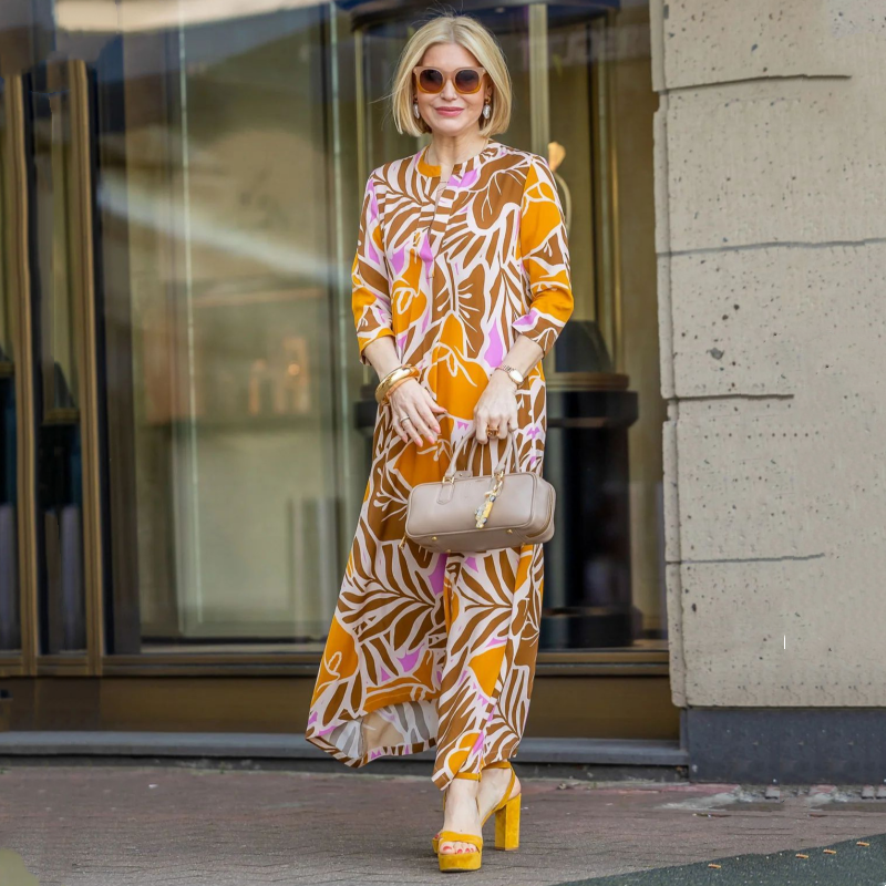 Damen elegantes bedrucktes Langkleid mit 3/4-Ärmeln