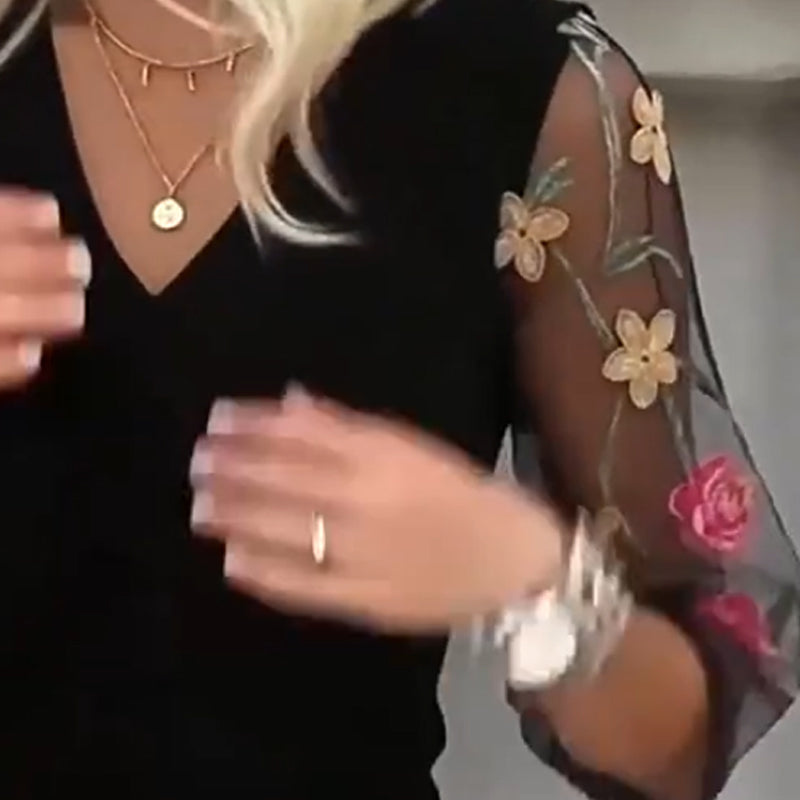 Damenbluse mit V-Ausschnitt, floraler Stickerei und langen Ärmeln
