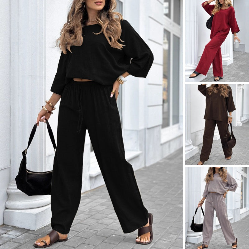 Lässiges, einfarbiges Damen-Set: Langarm-Oberteil und Hose