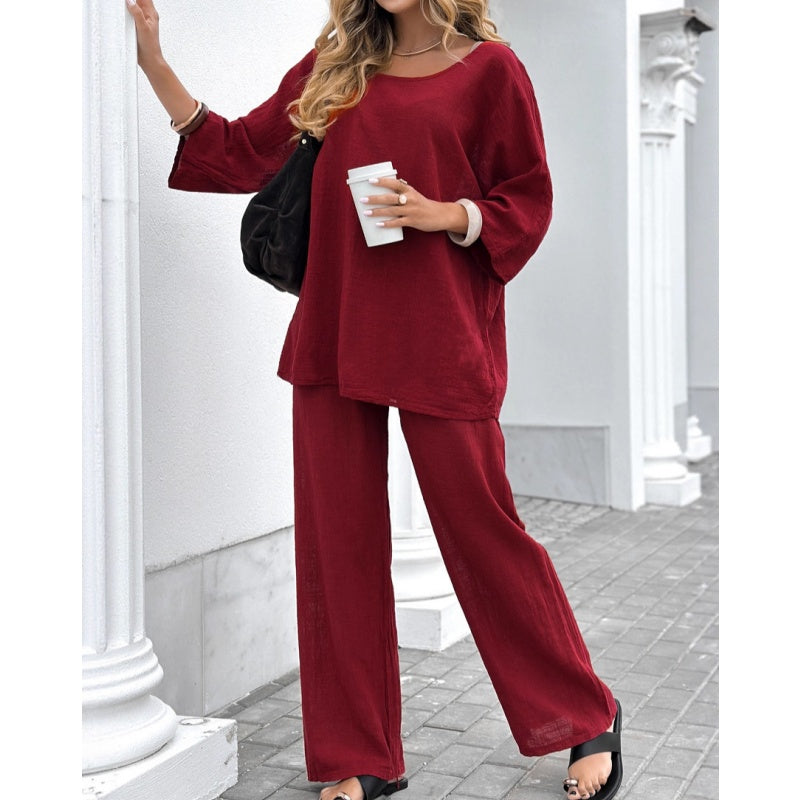 Lässiges, einfarbiges Damen-Set: Langarm-Oberteil und Hose