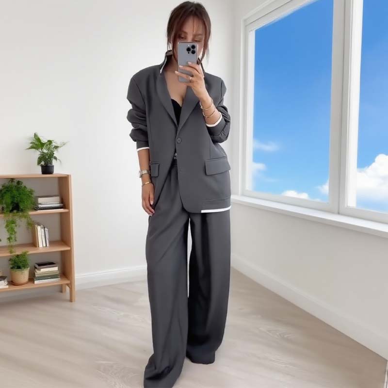 🍁🔥Begrenztes Angebot: Herbstneuheiten heute 50% reduziert! Damen-Zweiteiler: Blazer mit langen Ärmeln & Hose mit weitem Bein