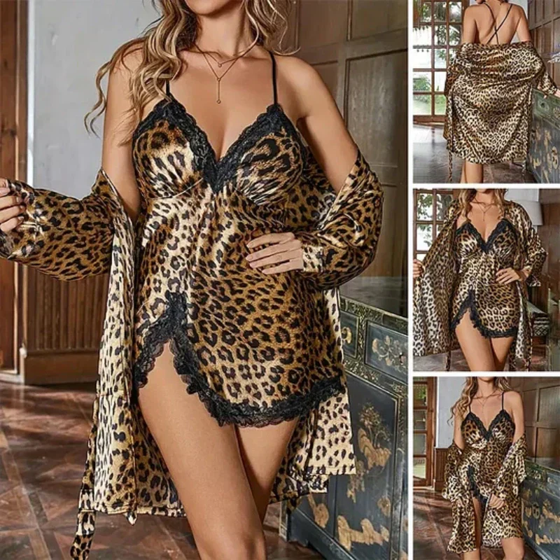 Damen sexy Set mit Leopardenmuster: Morgenmantel und Nachthemd
