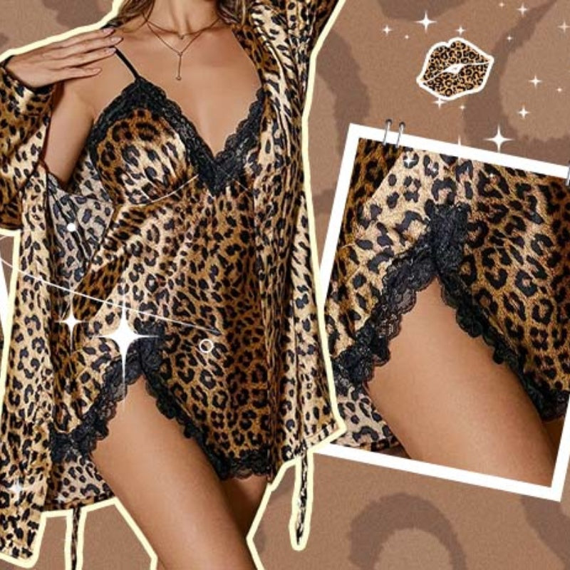 Damen sexy Set mit Leopardenmuster: Morgenmantel und Nachthemd