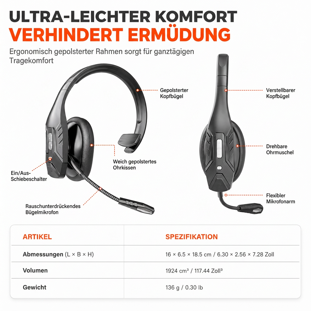 🎧 Bluetooth-Headset für Lkw-Fahrer & Fahrer – ENC-Geräuschunterdrückung, automatisches Pairing & langlebiger Akku