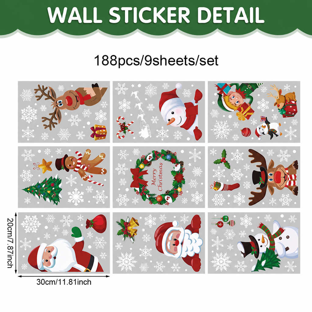 🎄 Weihnachts-Fensteraufkleber mit Rentier, Weihnachtsmann & Schneeflocken – statisch haftend, wiederverwendbar