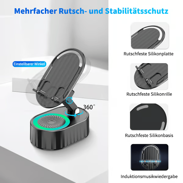 5-in-1 Handyhalterung mit Bluetooth-Lautsprecher & LED-Licht – 360° drehbar 📱🔊