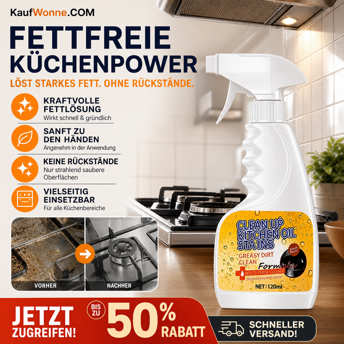 🍳 50% RABATT! 🧼 Küchen-Entfetter Spray – schneller Fettlöser für Herd, Dunstabzugshaube & Fliesen
