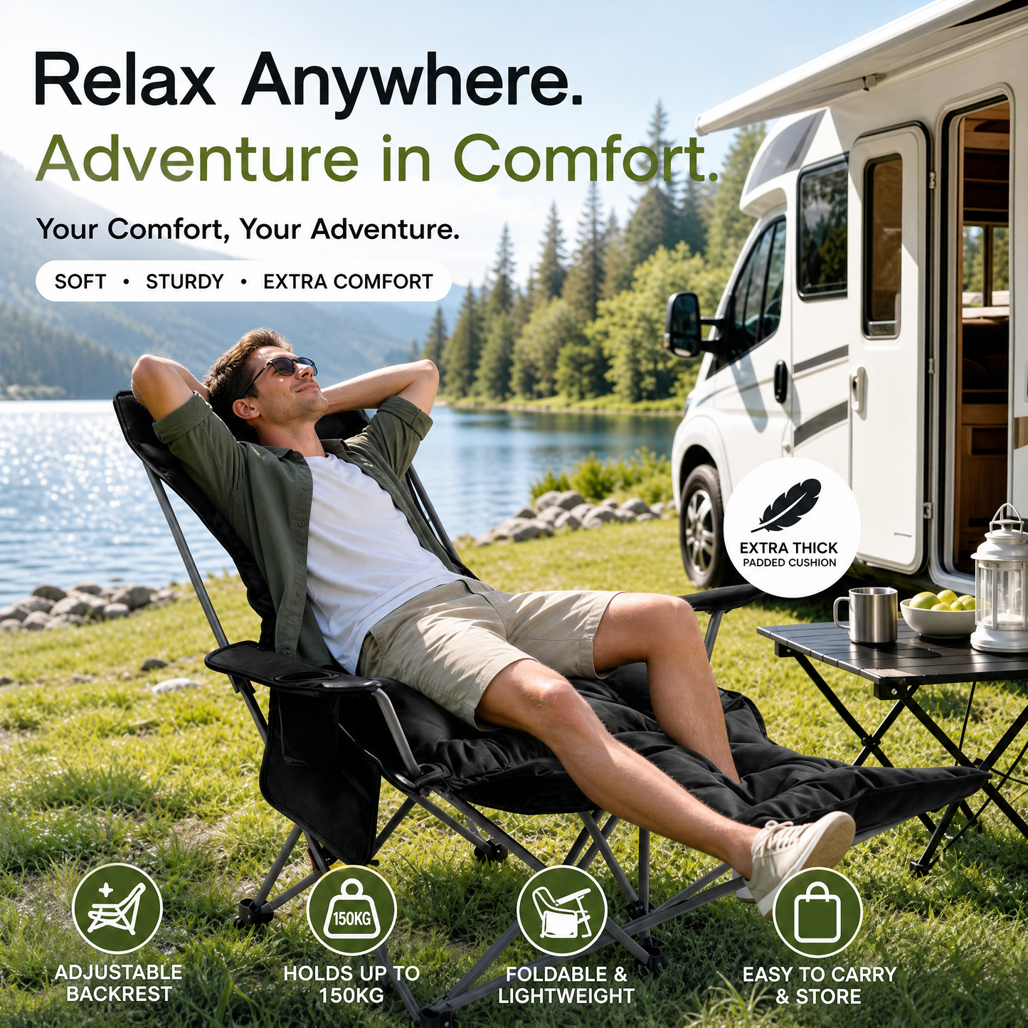 🪑 50% RABATT! 🏕️ Verstellbarer Campingstuhl mit Fußstütze ⛺ Klappbar, 4-fach Verstellbar & Ideal für Camping, Garten und Freizeit