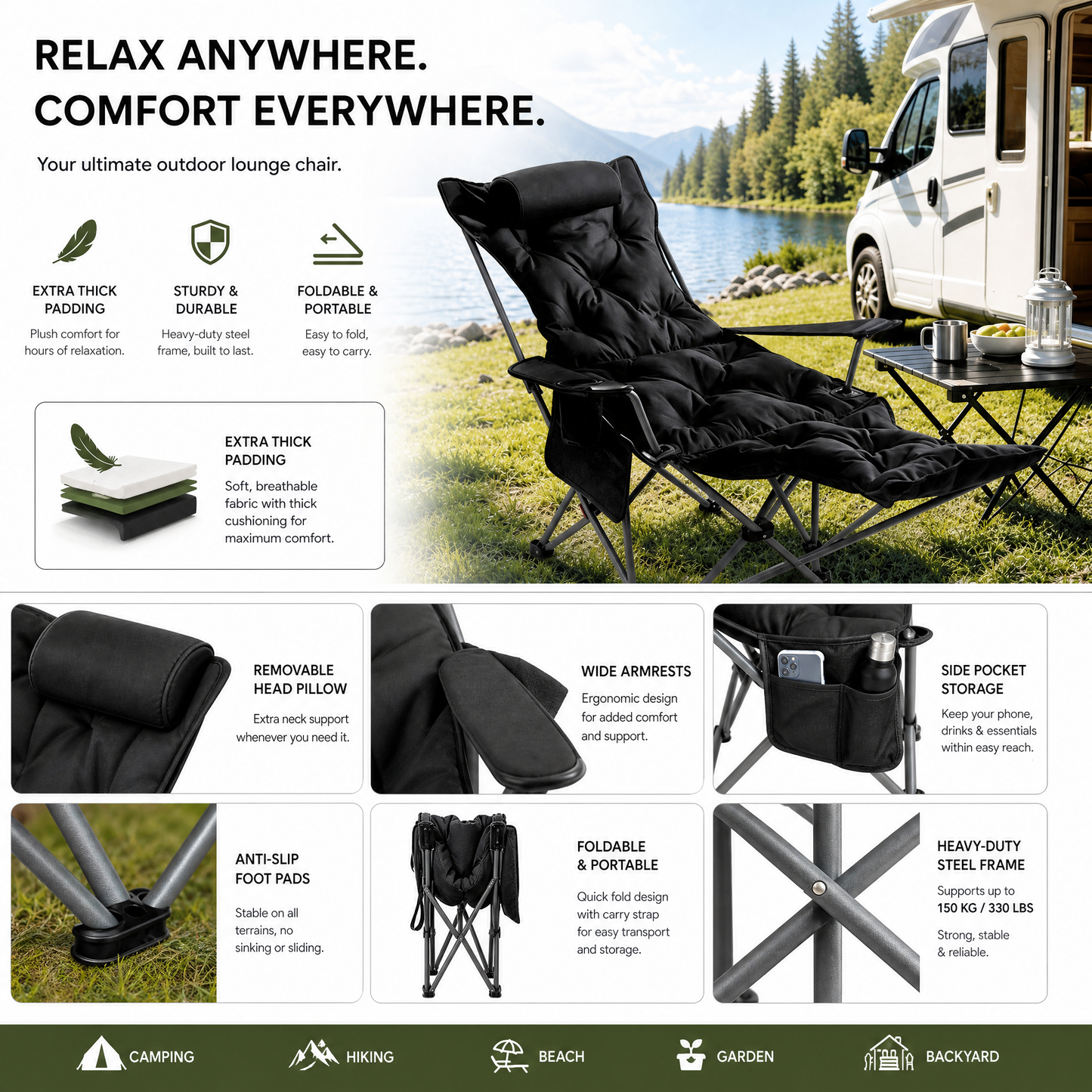 🪑 50% RABATT! 🏕️ Verstellbarer Campingstuhl mit Fußstütze ⛺ Klappbar, 4-fach Verstellbar & Ideal für Camping, Garten und Freizeit