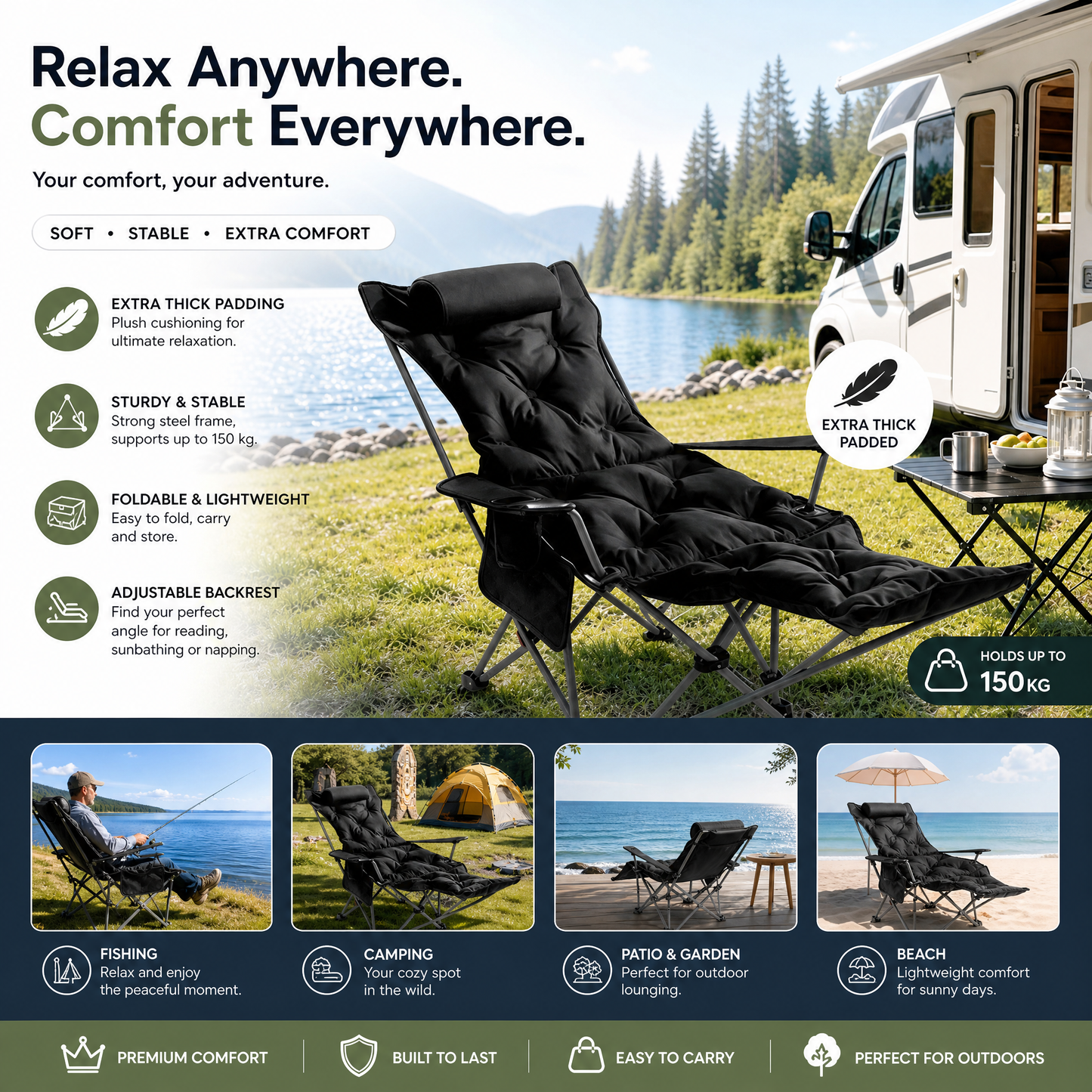🪑 50% RABATT! 🏕️ Verstellbarer Campingstuhl mit Fußstütze ⛺ Klappbar, 4-fach Verstellbar & Ideal für Camping, Garten und Freizeit