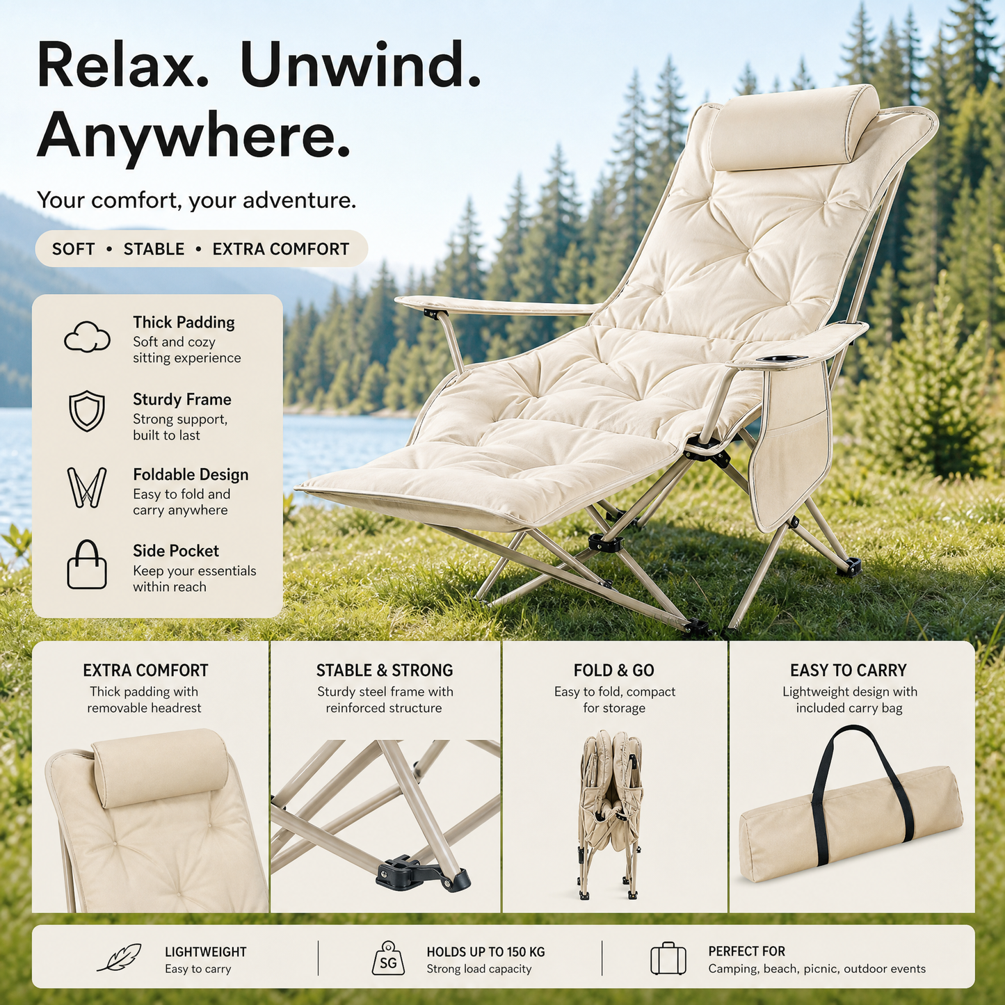🪑 50% RABATT! 🏕️ Verstellbarer Campingstuhl mit Fußstütze ⛺ Klappbar, 4-fach Verstellbar & Ideal für Camping, Garten und Freizeit