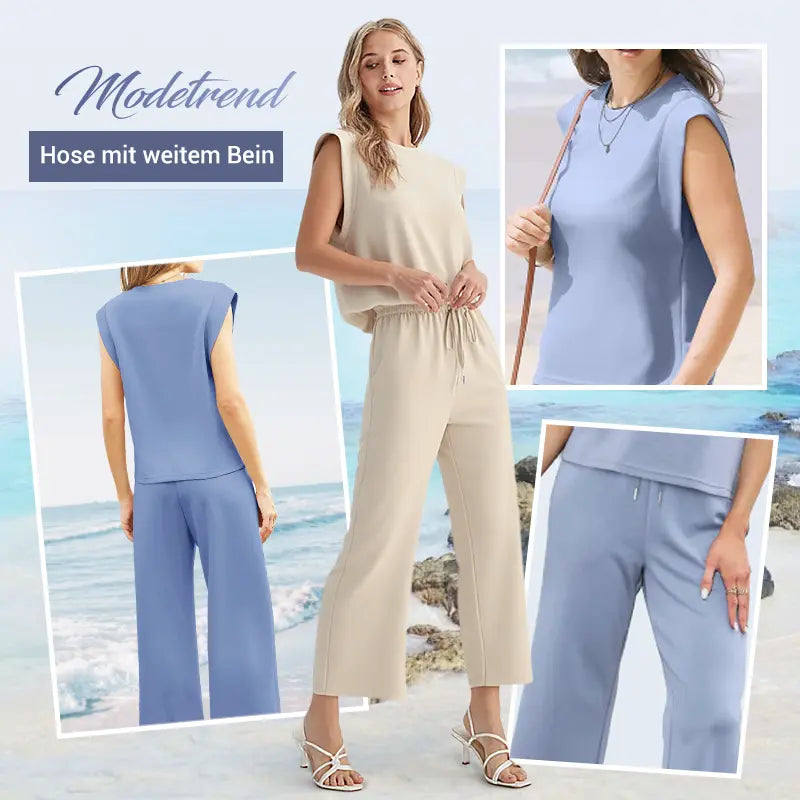 🍁Letzter Tag: 50% Rabatt✨2025 Neue Frauen Casual Cap Sleeve Top Wide Leg Crop Pants Zweiteilige Sets
