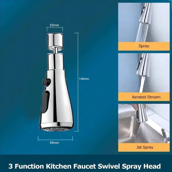 360°-Sprühkopf für Küchenarmaturen – 3 Funktionen mit Wasserstrahl, Sprühmodus und Pause