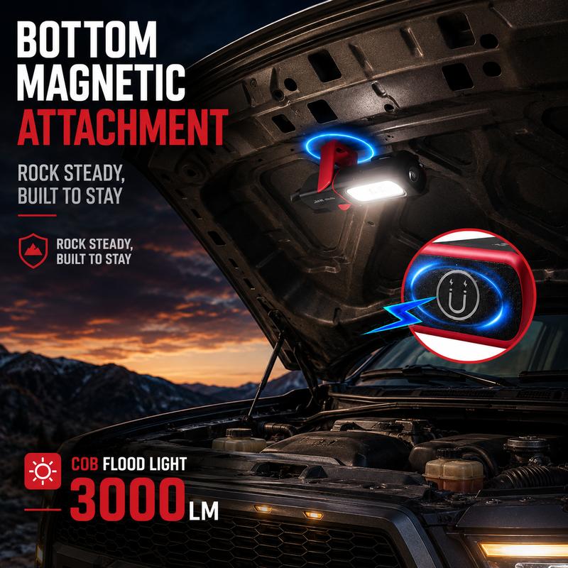 🔦 Wiederaufladbare COB-Arbeitsleuchte – 3000 Lumen Magnetische Inspektionslampe mit 360°-Drehhaken für Auto, Garage & Camping