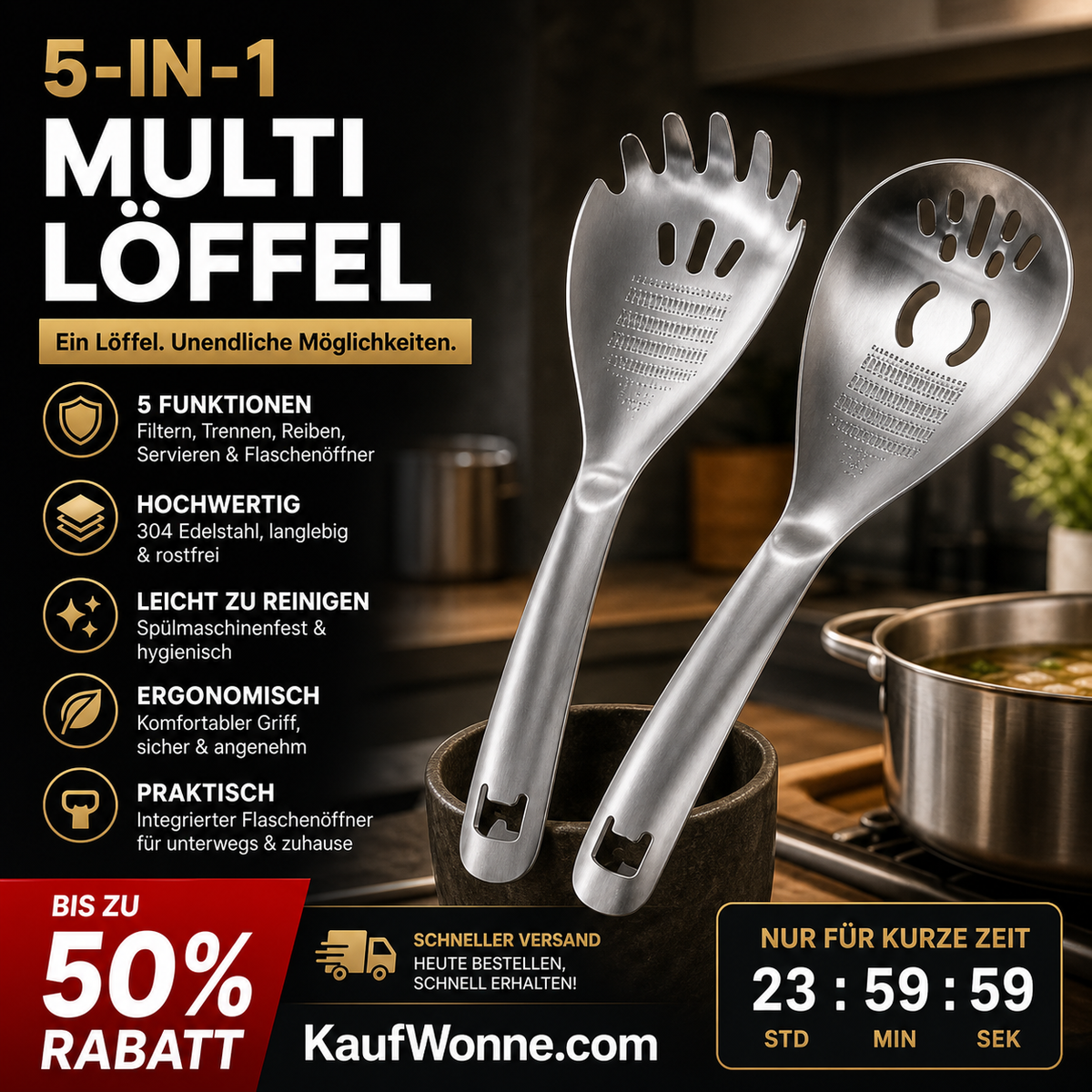 🥄50 % Rabatt ✨ 🍳 5-in-1 Edelstahl-Küchenhelfer – Schöpfkelle, Flaschenöffner, Nudelsieb, Kartoffelstampfer & Eiertrenner