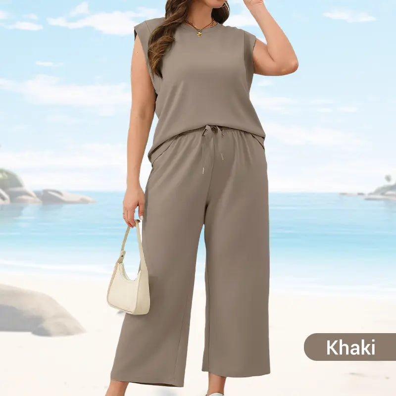 🍁Letzter Tag: 50% Rabatt✨2025 Neue Frauen Casual Cap Sleeve Top Wide Leg Crop Pants Zweiteilige Sets