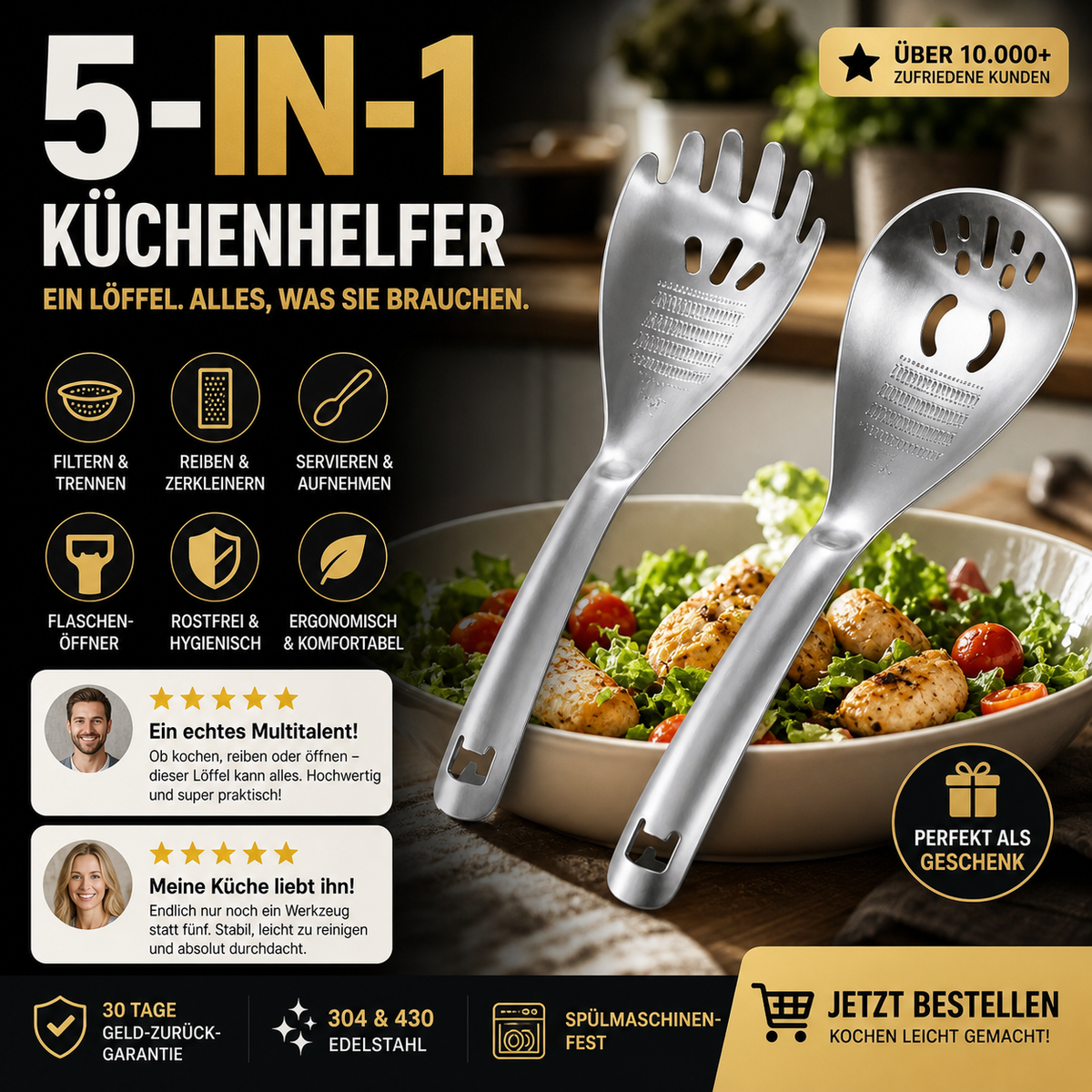 🥄50 % Rabatt ✨ 🍳 5-in-1 Edelstahl-Küchenhelfer – Schöpfkelle, Flaschenöffner, Nudelsieb, Kartoffelstampfer & Eiertrenner