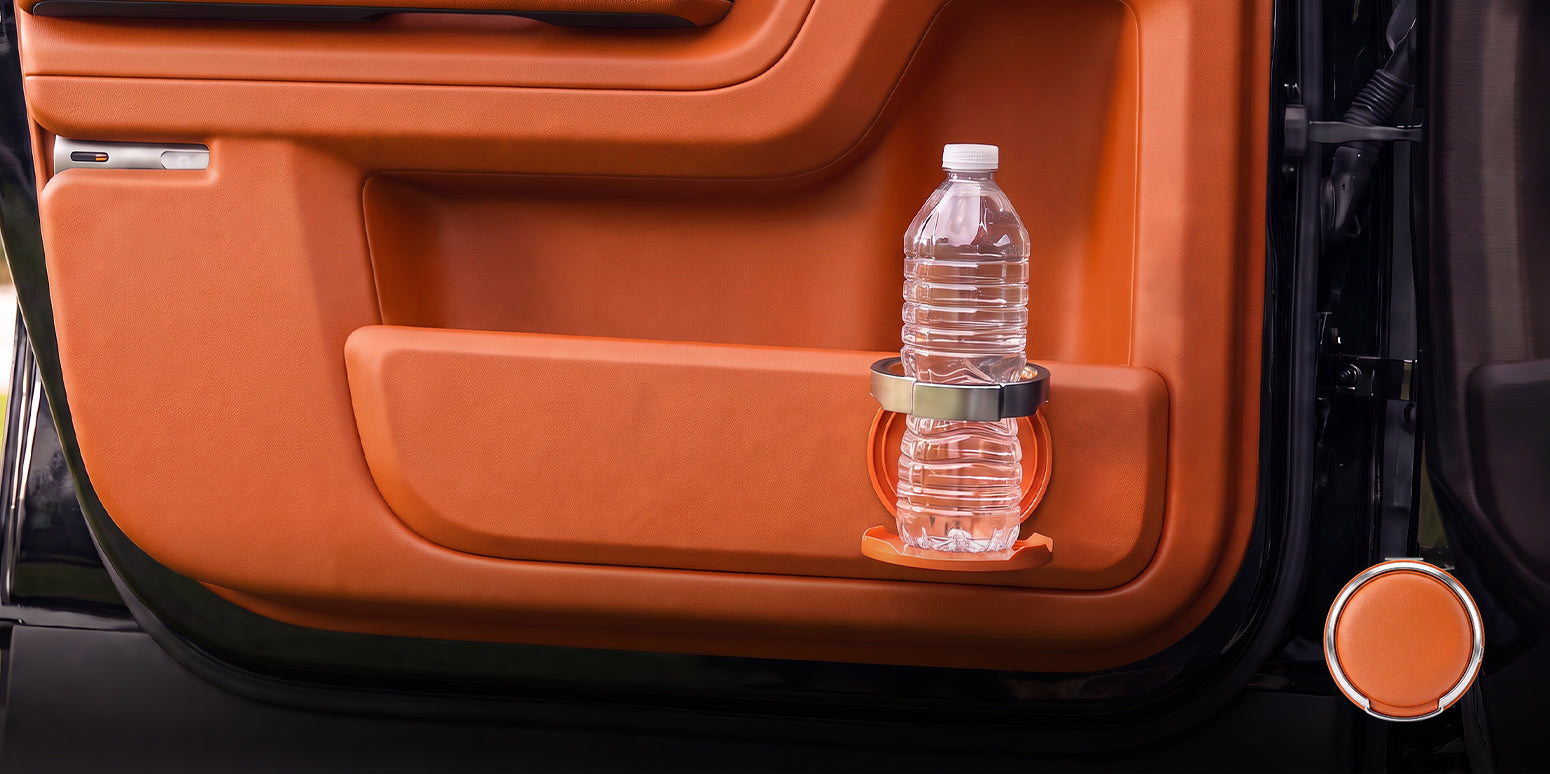 Orange car door cup holder