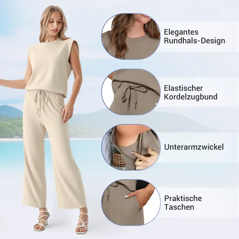 🍁Letzter Tag: 50% Rabatt✨2025 Neue Frauen Casual Cap Sleeve Top Wide Leg Crop Pants Zweiteilige Sets