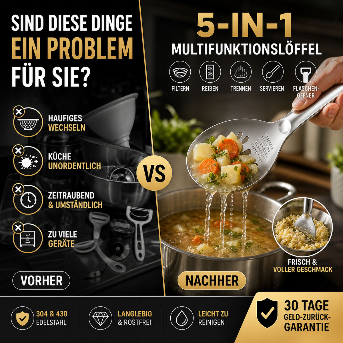 🥄50 % Rabatt ✨ 🍳 5-in-1 Edelstahl-Küchenhelfer – Schöpfkelle, Flaschenöffner, Nudelsieb, Kartoffelstampfer & Eiertrenner
