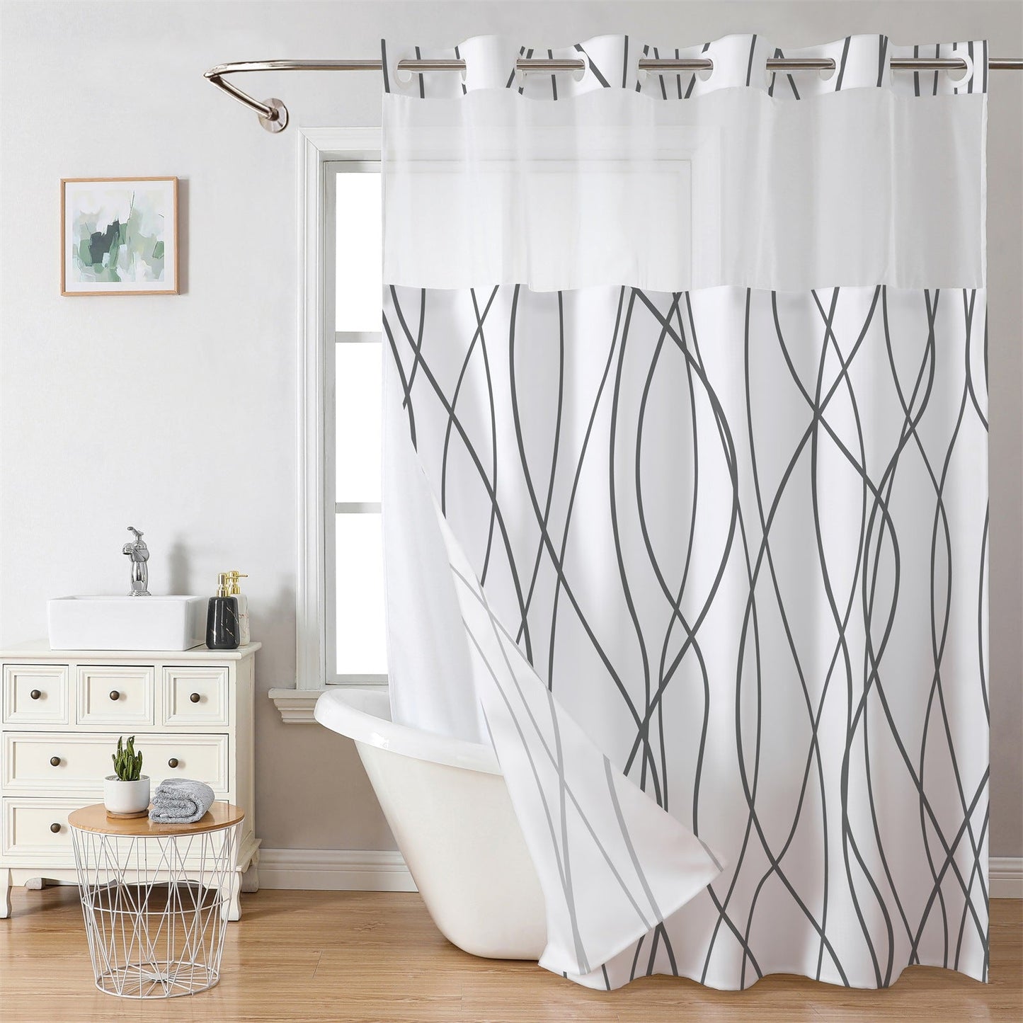 Doppellagiges Duschvorhang-Set mit Futter – Abnehmbar, Ohne Haken, Weißer Waffel-Design🚿🛁
