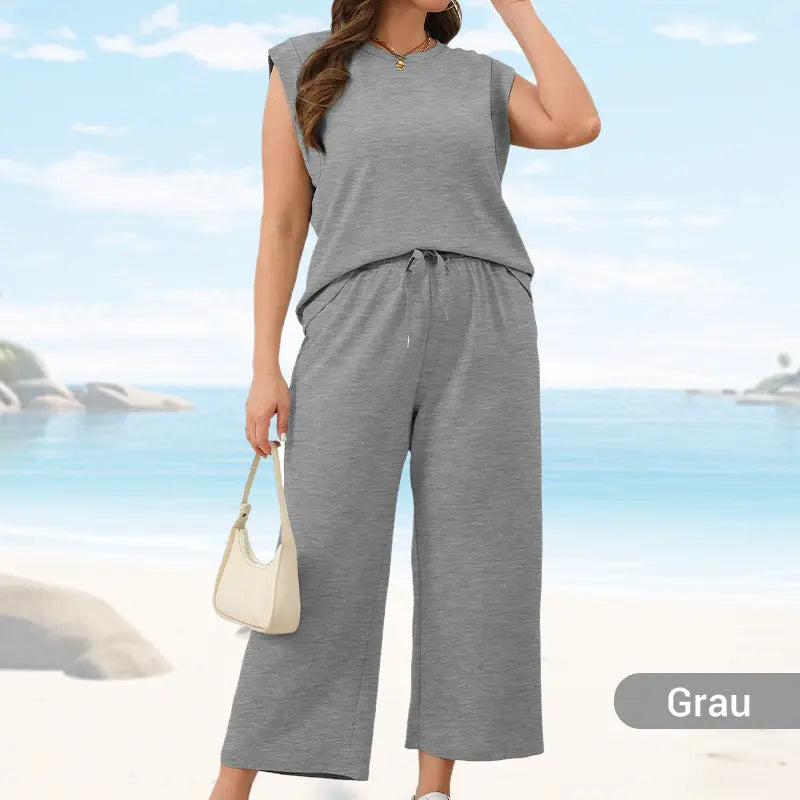 🍁Letzter Tag: 50% Rabatt✨2025 Neue Frauen Casual Cap Sleeve Top Wide Leg Crop Pants Zweiteilige Sets