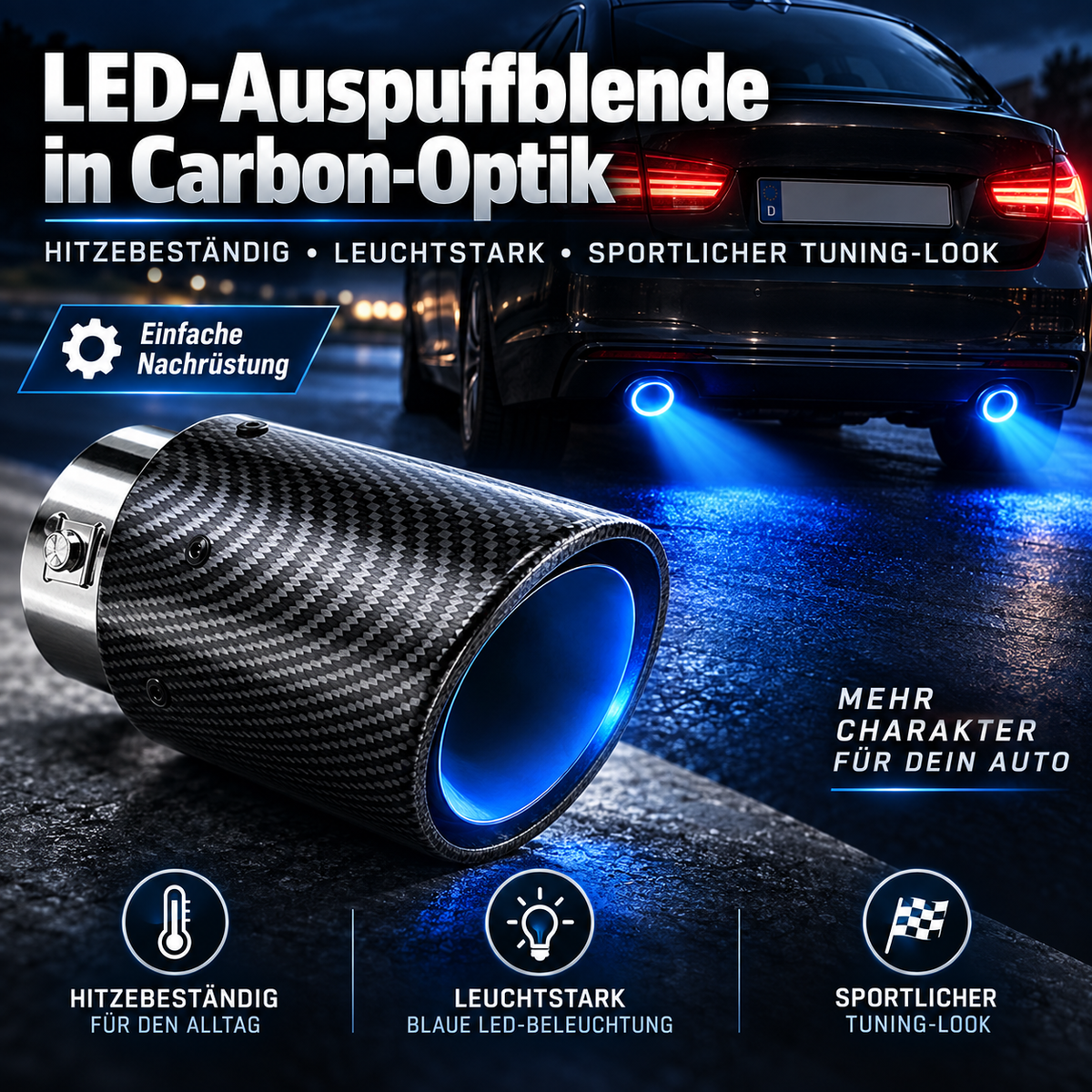 🚗 50% RABATT! 🔥 LED-Auspuffspitze – Rot/blau, Feuereffekt & Carbon-Optik ✨