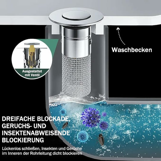 📢📢Letzter Tag – 50 % Rabatt!! ⏰Bajonett-Ablaufventil für Waschbecken – Edelstahl, geruchsdicht, herausnehmbares Sieb – schützt vor Mücken & Gerüchen