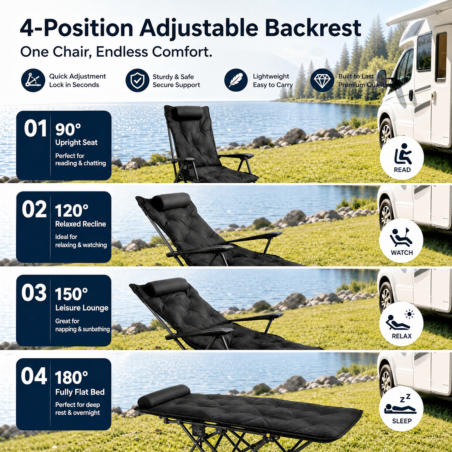 🪑 50% RABATT! 🏕️ Verstellbarer Campingstuhl mit Fußstütze ⛺ Klappbar, 4-fach Verstellbar & Ideal für Camping, Garten und Freizeit
