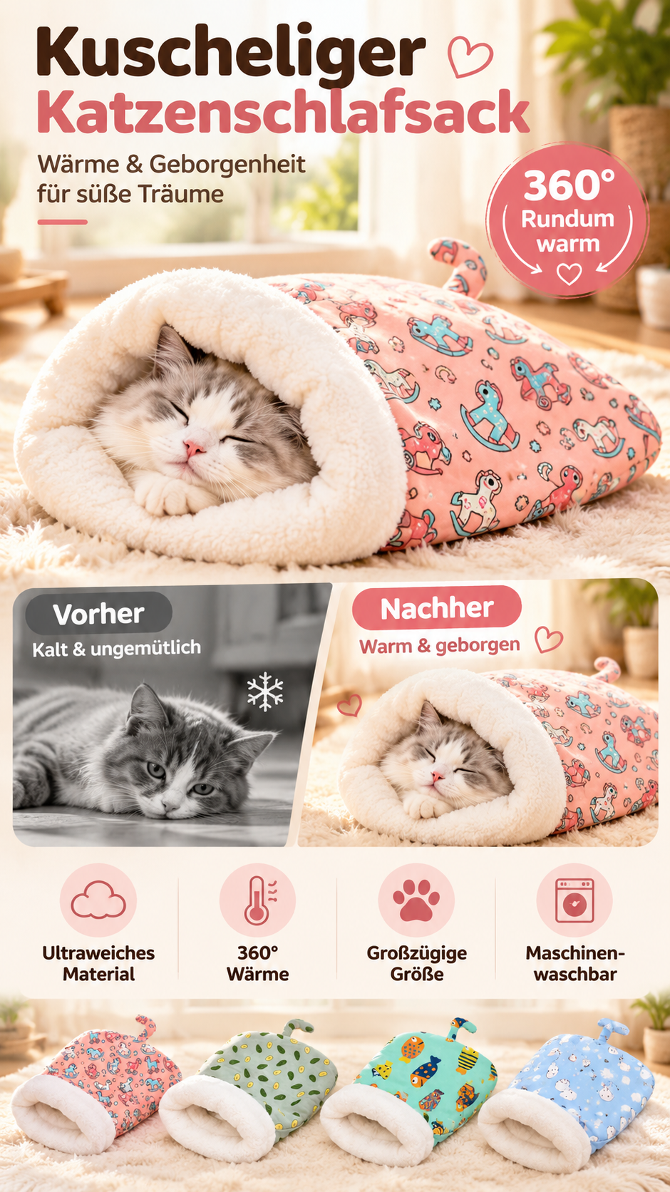 ⏳50% RABATT! 🐱 Flauschiger Katzen-Winterschlafsack – halbgeschlossene Kuschelhöhle mit Cartoon-Muster, Rosa/Blau