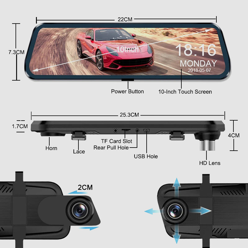 10-Zoll-Rückfahrkamera & Dashcam mit vollem Touchscreen – 1296P HD-Nachtsicht, Dual-Objektiv – ideal für sicheres Fahren & Parken🚗📹
