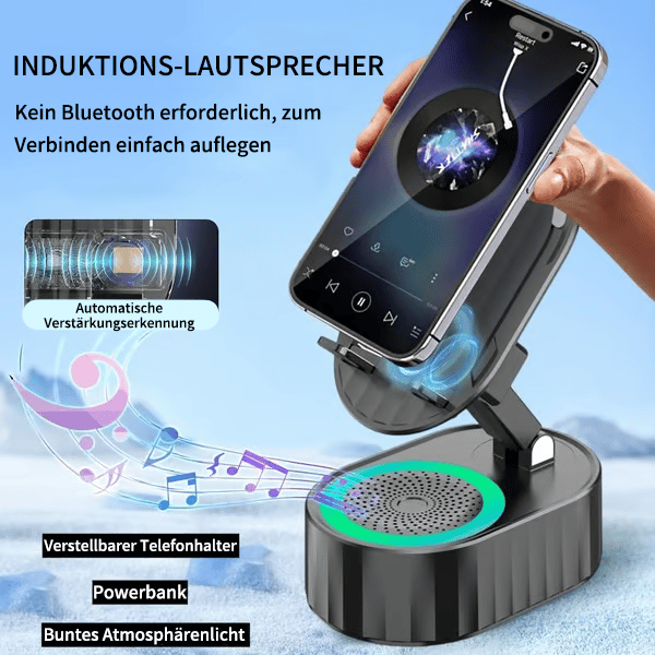 5-in-1 Handyhalterung mit Bluetooth-Lautsprecher & LED-Licht – 360° drehbar 📱🔊