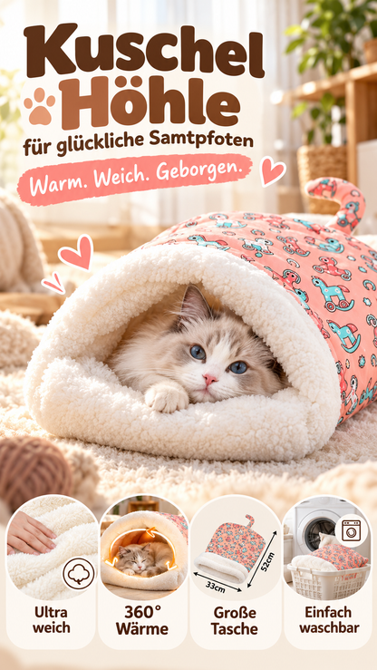 ⏳50% RABATT! 🐱 Flauschiger Katzen-Winterschlafsack – halbgeschlossene Kuschelhöhle mit Cartoon-Muster, Rosa/Blau