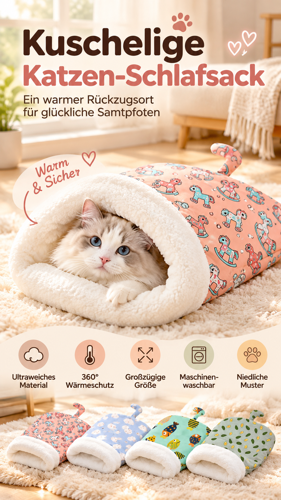⏳50% RABATT! 🐱 Flauschiger Katzen-Winterschlafsack – halbgeschlossene Kuschelhöhle mit Cartoon-Muster, Rosa/Blau